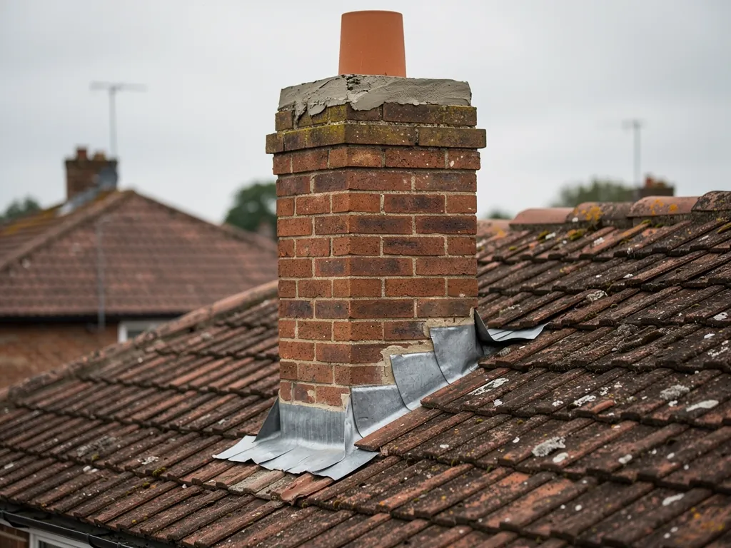 Close-up of new mortar flaunching and lead flashing at the base of a brick chimney stack