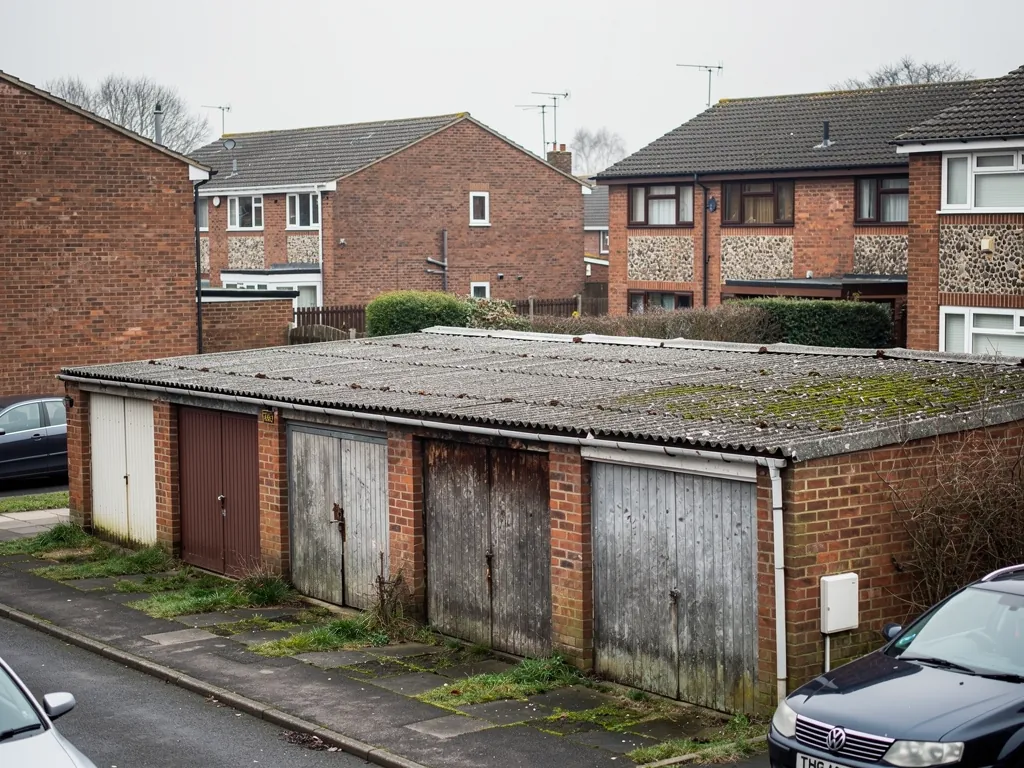 An old corrugated asbestos cement garage roof on a row of brick garages