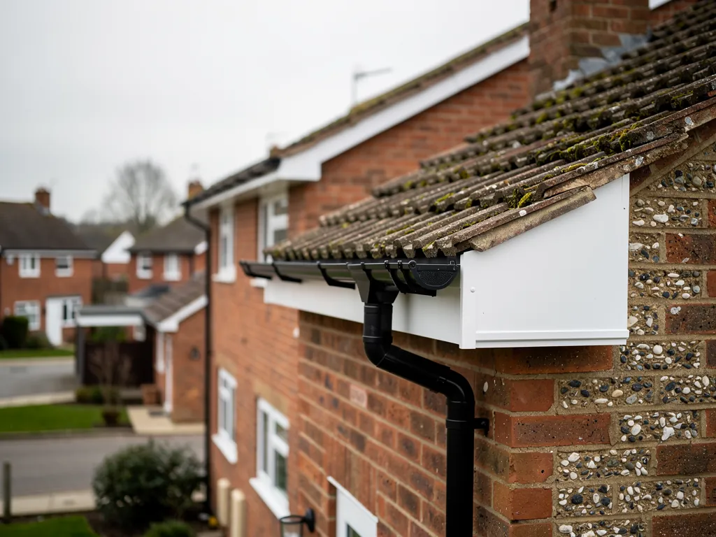 New white uPVC fascias, soffits and black half-round guttering on a brick house eaves