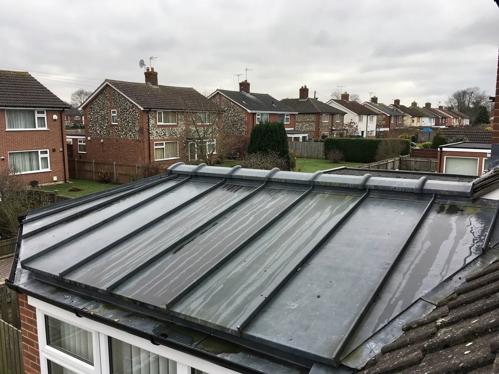 Close-up of a new lead-covered bay window roof with rolled seams