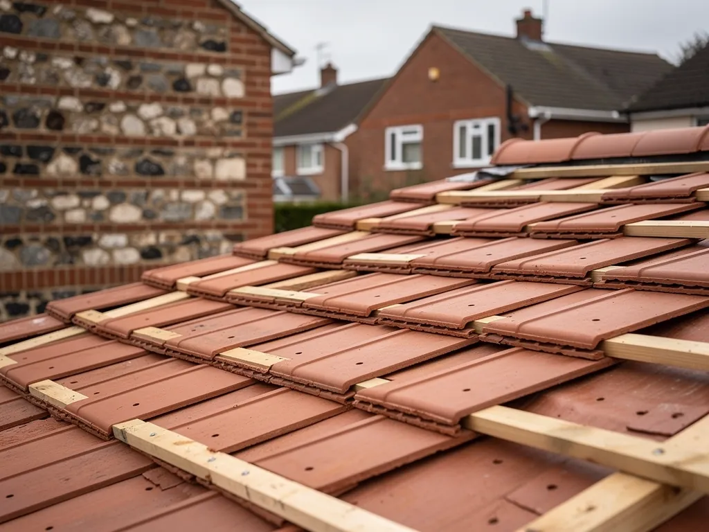 Close-up of neat courses of new clay plain tiles and battens being laid