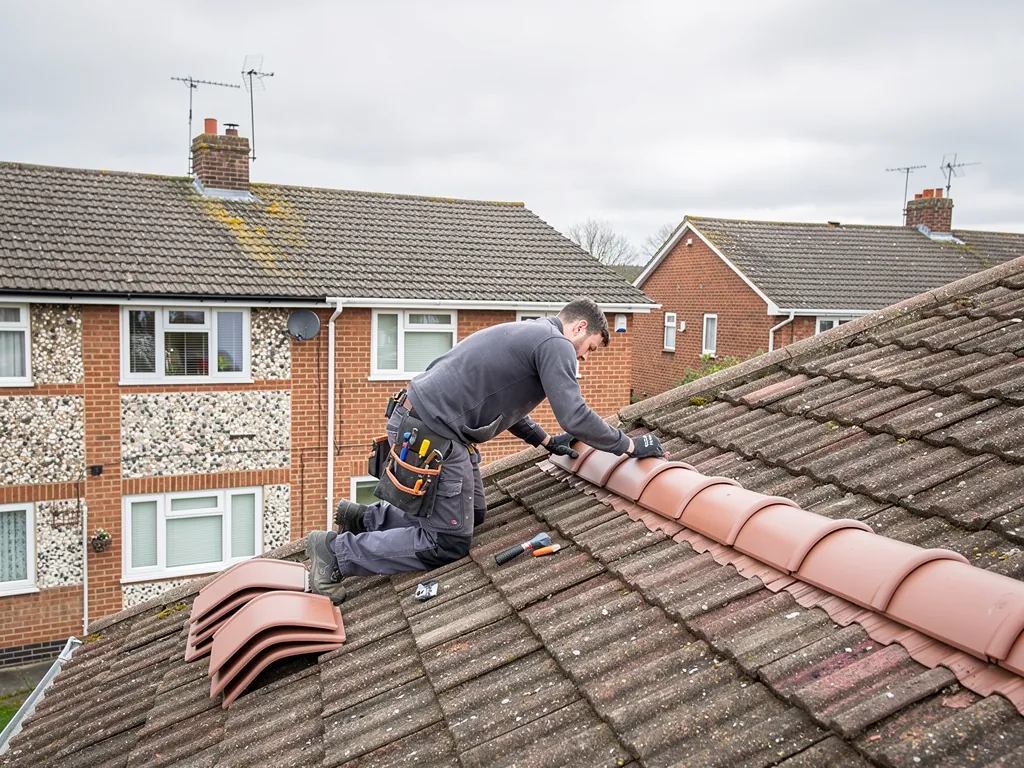 A roofer fitting a dry ridge system with new half-round ridge tiles on a concrete tiled roof