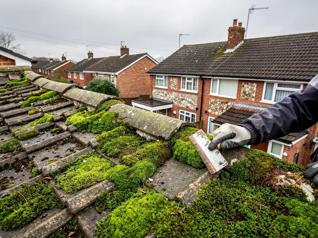 Thick green moss on concrete roof tiles being removed by hand with a scraper