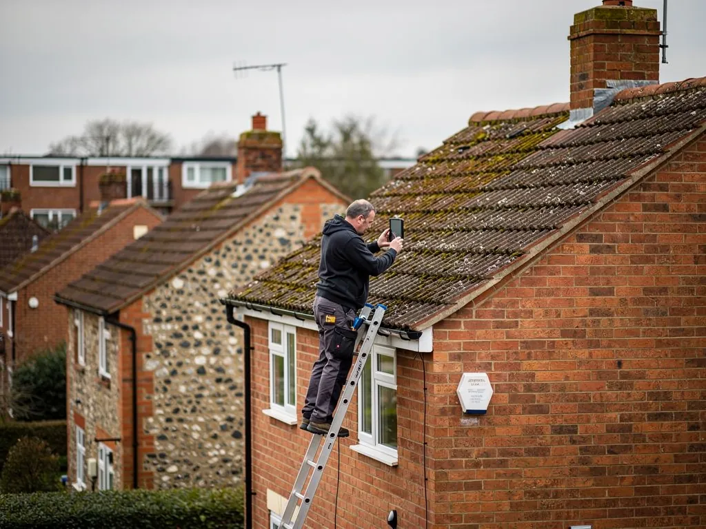 A roofer on a ladder photographing roof tiles with a tablet during a roof survey