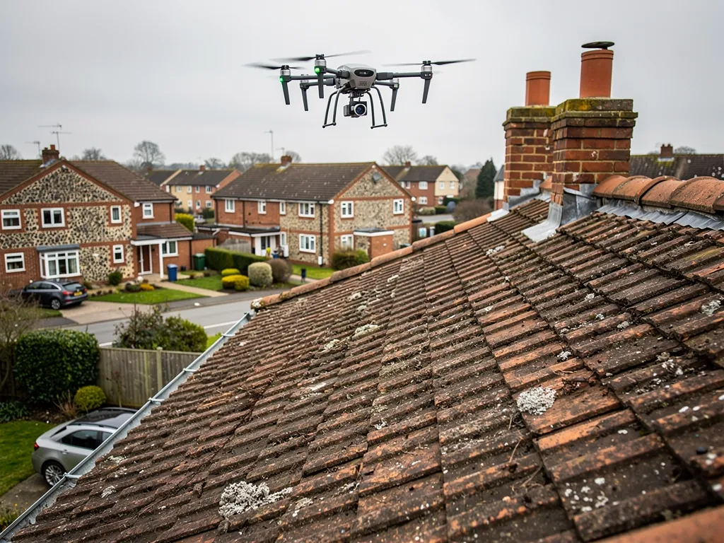 A small drone hovering over a tiled roof during a roof inspection
