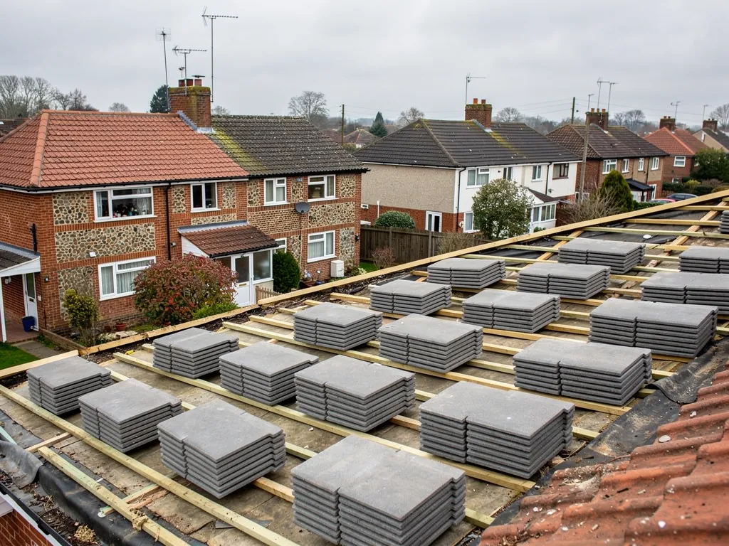 Stacks of new concrete interlocking tiles loaded out on a stripped roof ready for laying