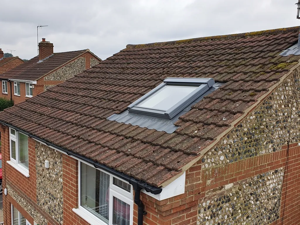 A new roof window fitted in a clay tiled pitched roof with a grey flashing kit
