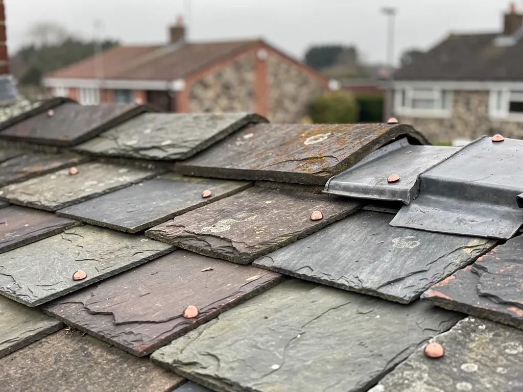 Close-up of natural slate courses with copper nail heads and a lead flashing
