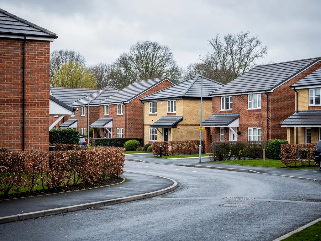 Modern 2000s brick houses with grey concrete tile roofs on a new estate near Basingstoke